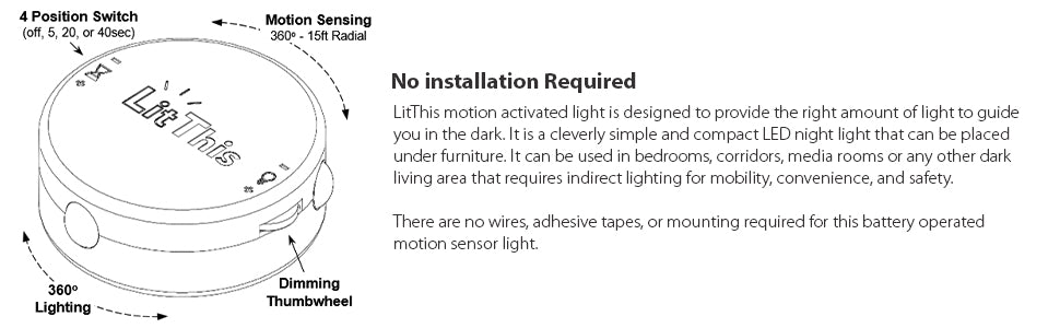 LitThis Technical Features - 4 Position Switch, Motion Sensing, Dimming Thumbwheel, 360° Lighting